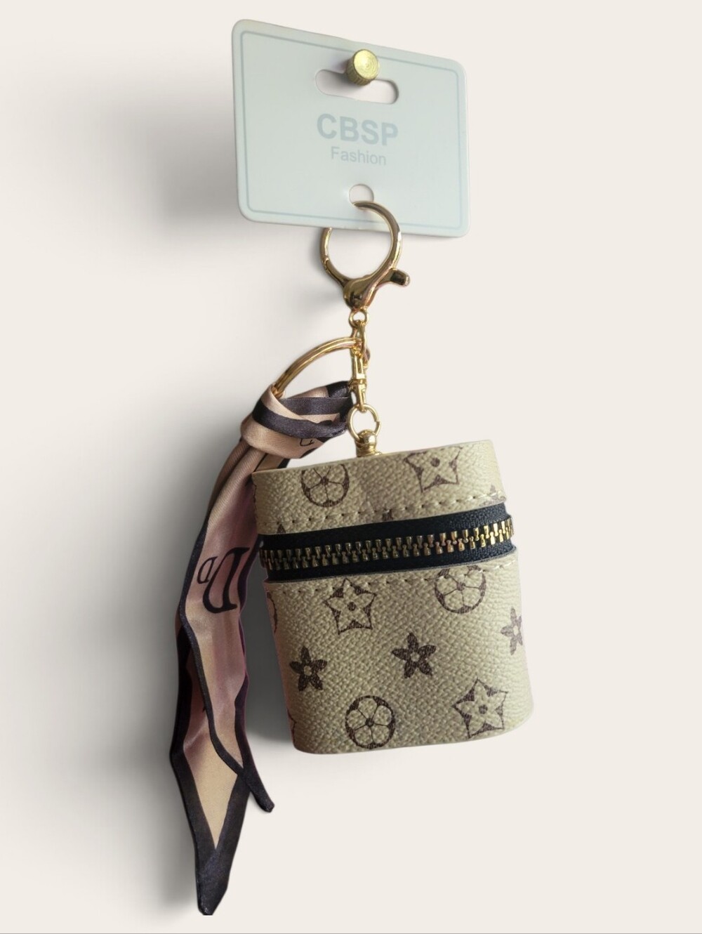 Beige Printed Mini Pouch Keychain with Scarf